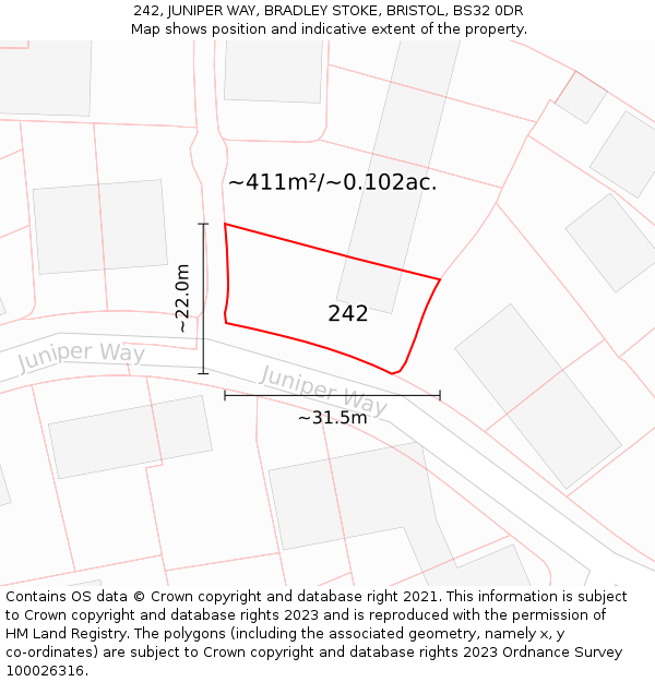 242, JUNIPER WAY, BRADLEY STOKE, BRISTOL, BS32 0DR: Plot and title map
