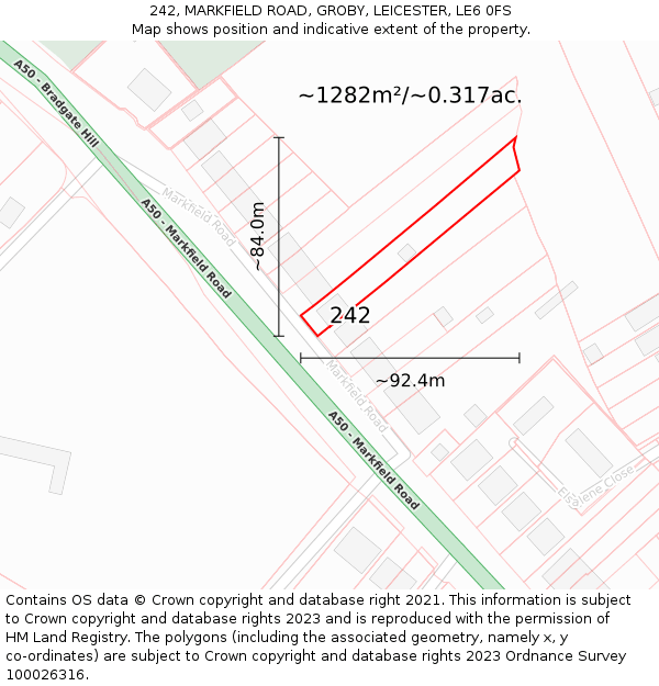 242, MARKFIELD ROAD, GROBY, LEICESTER, LE6 0FS: Plot and title map