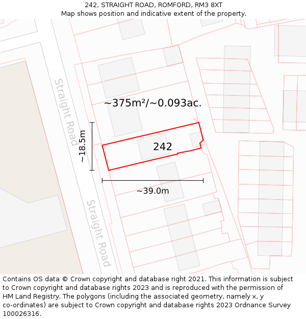 242, STRAIGHT ROAD, ROMFORD, RM3 8XT: Plot and title map