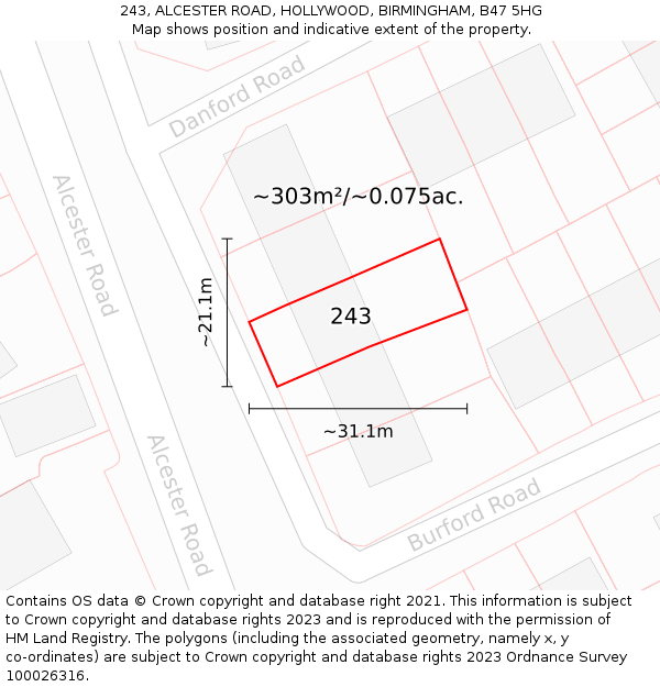 243, ALCESTER ROAD, HOLLYWOOD, BIRMINGHAM, B47 5HG: Plot and title map