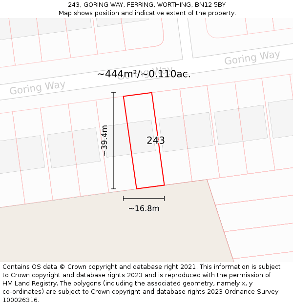 243, GORING WAY, FERRING, WORTHING, BN12 5BY: Plot and title map