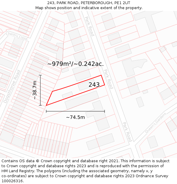 243, PARK ROAD, PETERBOROUGH, PE1 2UT: Plot and title map