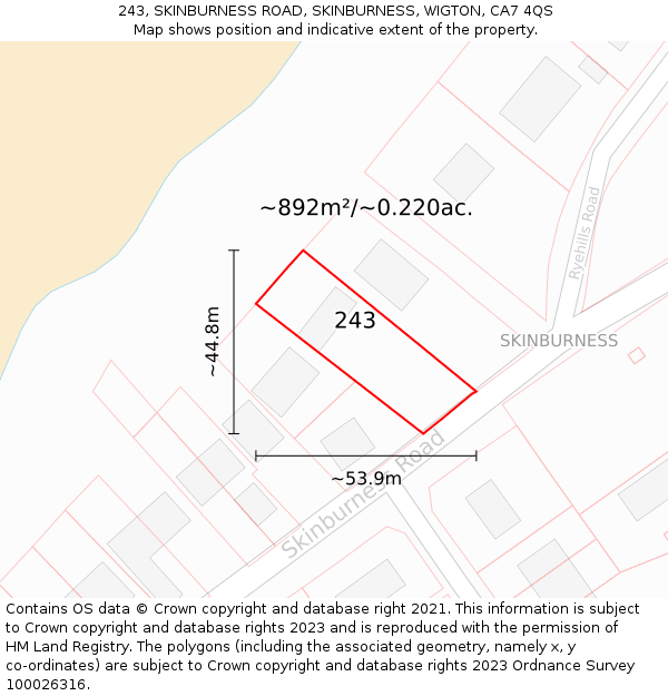 243, SKINBURNESS ROAD, SKINBURNESS, WIGTON, CA7 4QS: Plot and title map