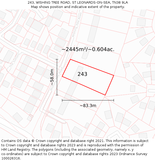243, WISHING TREE ROAD, ST LEONARDS-ON-SEA, TN38 9LA: Plot and title map