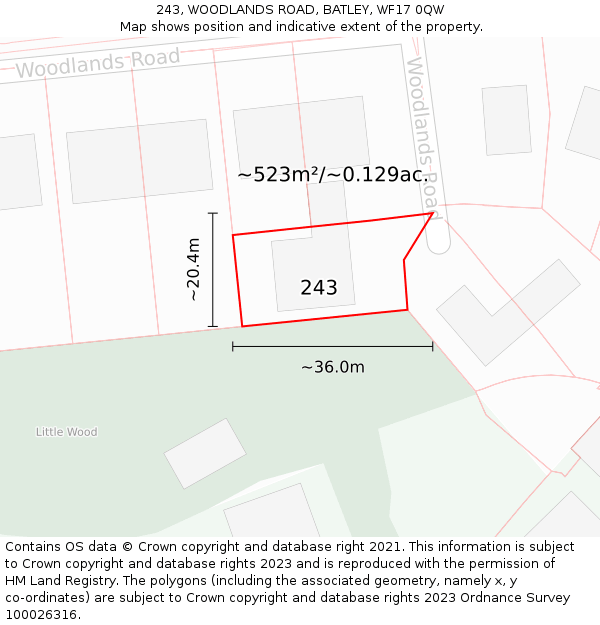 243, WOODLANDS ROAD, BATLEY, WF17 0QW: Plot and title map