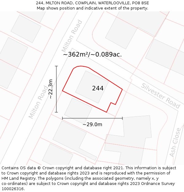 244, MILTON ROAD, COWPLAIN, WATERLOOVILLE, PO8 8SE: Plot and title map