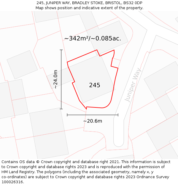 245, JUNIPER WAY, BRADLEY STOKE, BRISTOL, BS32 0DP: Plot and title map