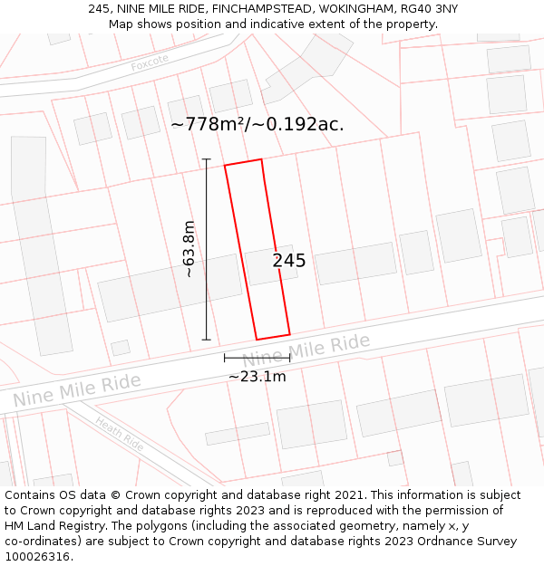 245, NINE MILE RIDE, FINCHAMPSTEAD, WOKINGHAM, RG40 3NY: Plot and title map