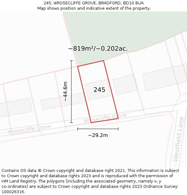 245, WROSECLIFFE GROVE, BRADFORD, BD10 8UA: Plot and title map