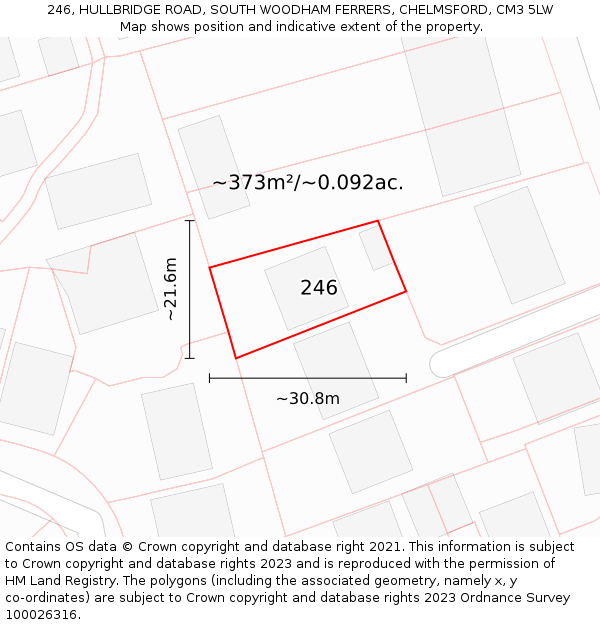 246, HULLBRIDGE ROAD, SOUTH WOODHAM FERRERS, CHELMSFORD, CM3 5LW: Plot and title map