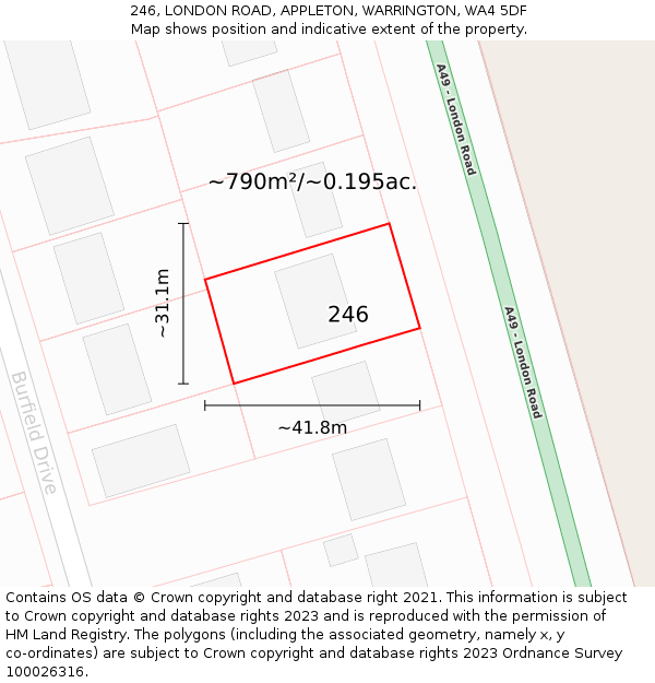 246, LONDON ROAD, APPLETON, WARRINGTON, WA4 5DF: Plot and title map