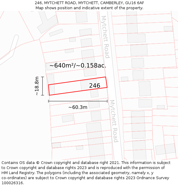 246, MYTCHETT ROAD, MYTCHETT, CAMBERLEY, GU16 6AF: Plot and title map