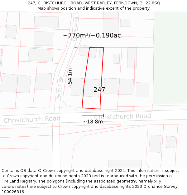 247, CHRISTCHURCH ROAD, WEST PARLEY, FERNDOWN, BH22 8SQ: Plot and title map