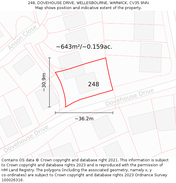 248, DOVEHOUSE DRIVE, WELLESBOURNE, WARWICK, CV35 9NN: Plot and title map