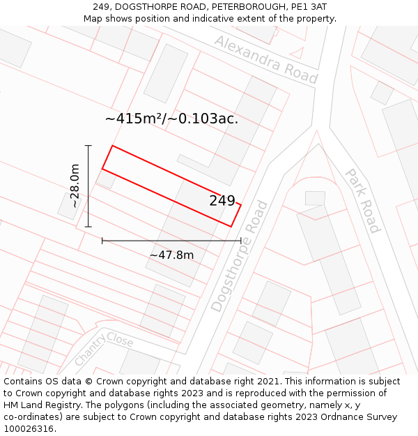 249, DOGSTHORPE ROAD, PETERBOROUGH, PE1 3AT: Plot and title map