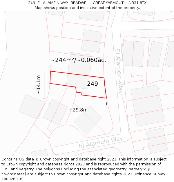 249, EL ALAMEIN WAY, BRADWELL, GREAT YARMOUTH, NR31 8TX: Plot and title map