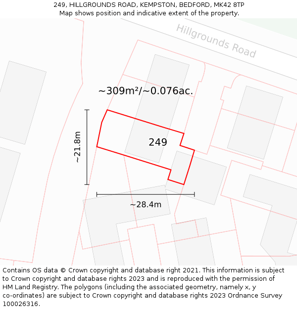 249, HILLGROUNDS ROAD, KEMPSTON, BEDFORD, MK42 8TP: Plot and title map