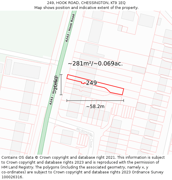 249, HOOK ROAD, CHESSINGTON, KT9 1EQ: Plot and title map
