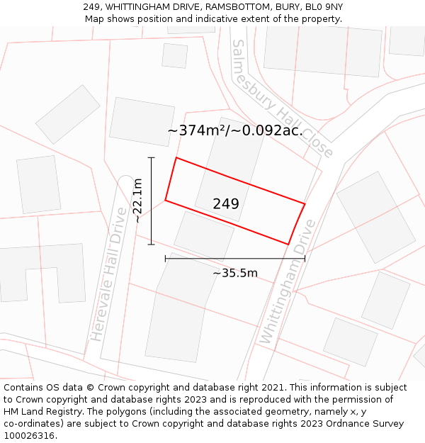 249, WHITTINGHAM DRIVE, RAMSBOTTOM, BURY, BL0 9NY: Plot and title map