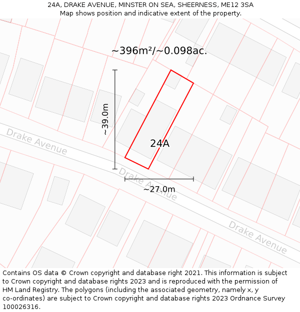 24A, DRAKE AVENUE, MINSTER ON SEA, SHEERNESS, ME12 3SA: Plot and title map