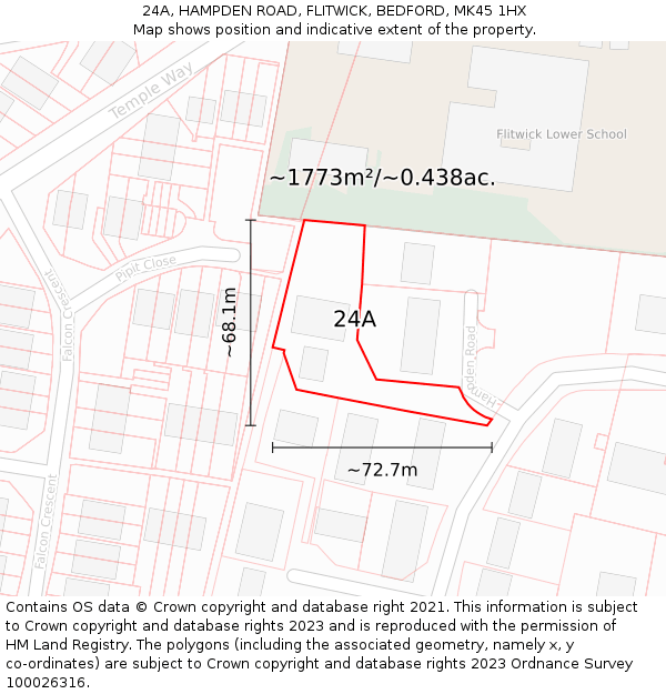 24A, HAMPDEN ROAD, FLITWICK, BEDFORD, MK45 1HX: Plot and title map