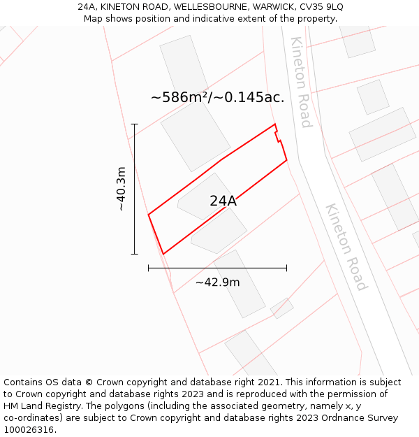 24A, KINETON ROAD, WELLESBOURNE, WARWICK, CV35 9LQ: Plot and title map