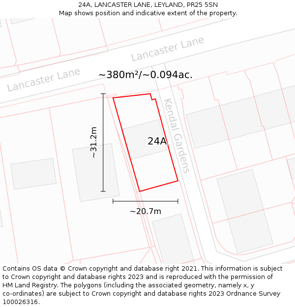 24A, LANCASTER LANE, LEYLAND, PR25 5SN: Plot and title map