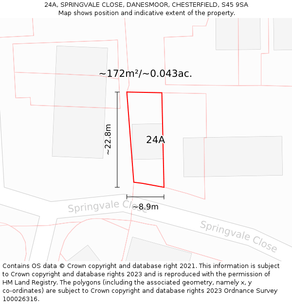 24A, SPRINGVALE CLOSE, DANESMOOR, CHESTERFIELD, S45 9SA: Plot and title map