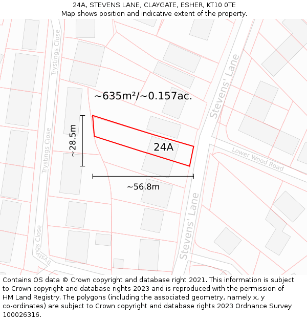 24A, STEVENS LANE, CLAYGATE, ESHER, KT10 0TE: Plot and title map