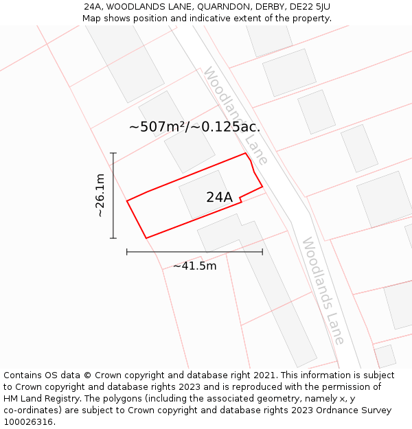 24A, WOODLANDS LANE, QUARNDON, DERBY, DE22 5JU: Plot and title map