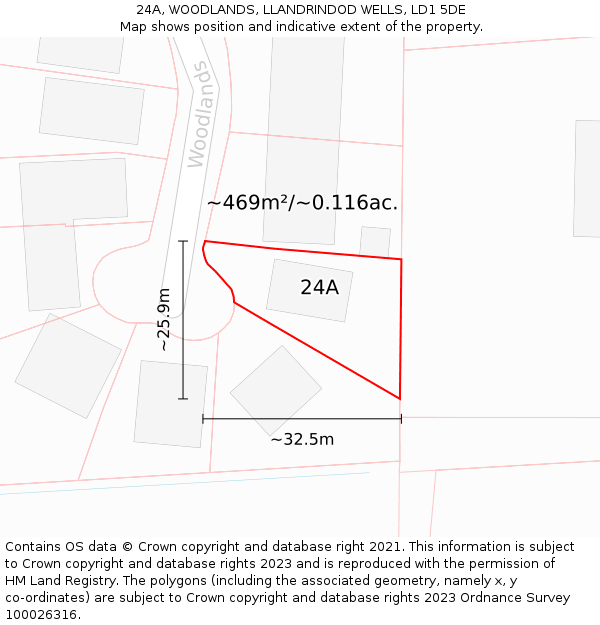 24A, WOODLANDS, LLANDRINDOD WELLS, LD1 5DE: Plot and title map