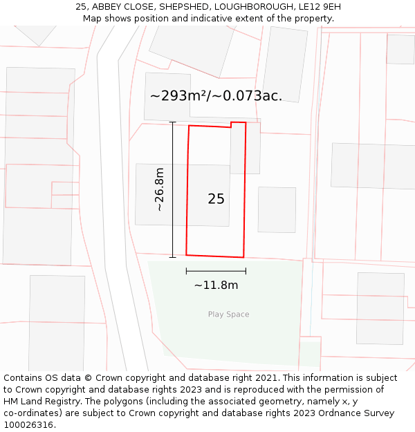 25, ABBEY CLOSE, SHEPSHED, LOUGHBOROUGH, LE12 9EH: Plot and title map