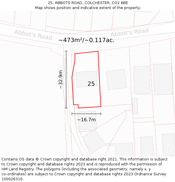 25, ABBOTS ROAD, COLCHESTER, CO2 8BE: Plot and title map