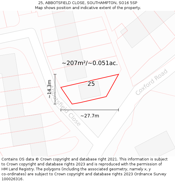 25, ABBOTSFIELD CLOSE, SOUTHAMPTON, SO16 5SP: Plot and title map