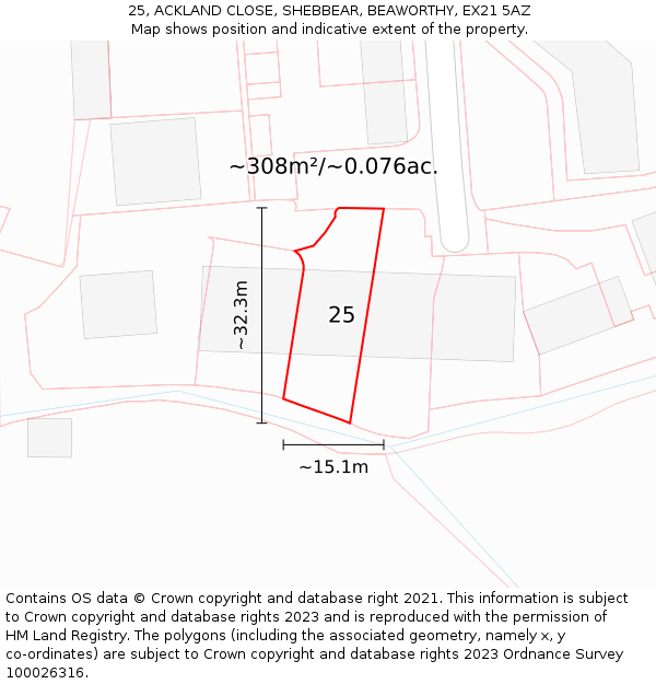 25, ACKLAND CLOSE, SHEBBEAR, BEAWORTHY, EX21 5AZ: Plot and title map