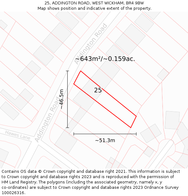 25, ADDINGTON ROAD, WEST WICKHAM, BR4 9BW: Plot and title map