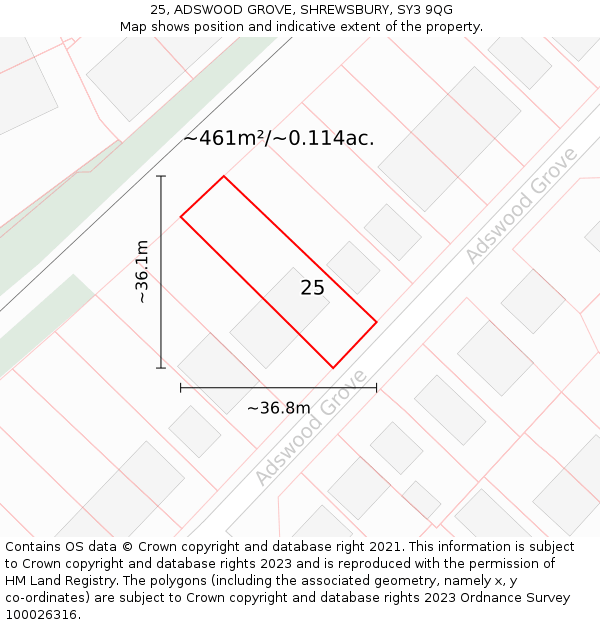 25, ADSWOOD GROVE, SHREWSBURY, SY3 9QG: Plot and title map