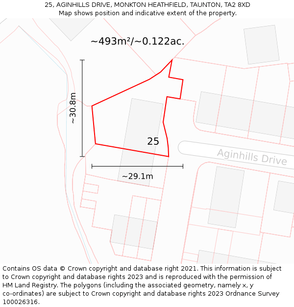 25, AGINHILLS DRIVE, MONKTON HEATHFIELD, TAUNTON, TA2 8XD: Plot and title map