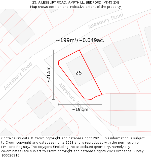 25, AILESBURY ROAD, AMPTHILL, BEDFORD, MK45 2XB: Plot and title map
