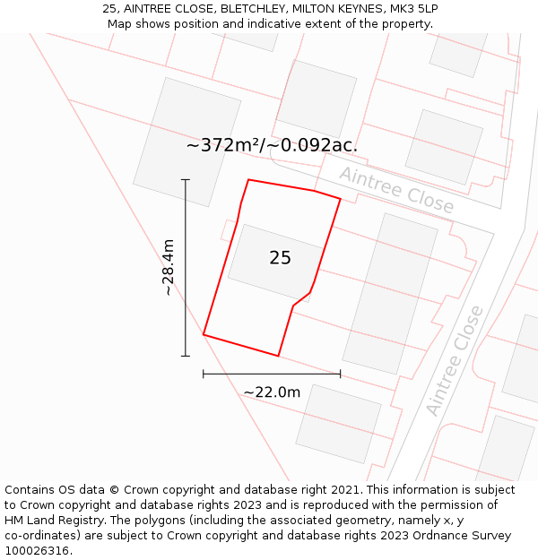 25, AINTREE CLOSE, BLETCHLEY, MILTON KEYNES, MK3 5LP: Plot and title map