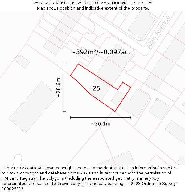 25, ALAN AVENUE, NEWTON FLOTMAN, NORWICH, NR15 1PY: Plot and title map