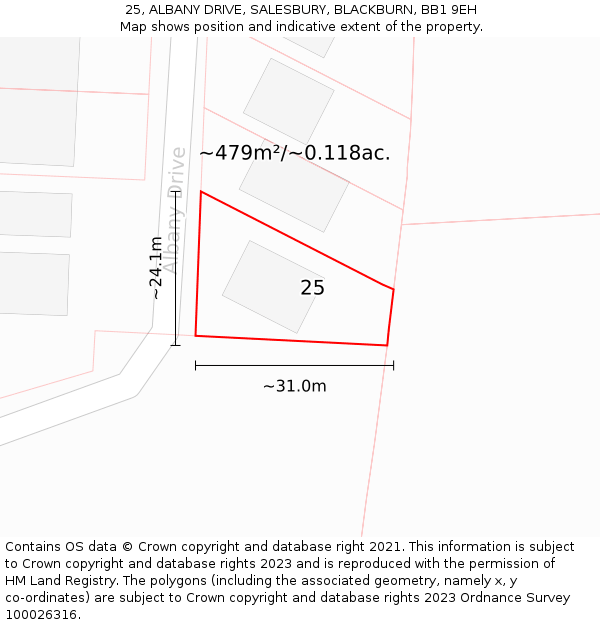 25, ALBANY DRIVE, SALESBURY, BLACKBURN, BB1 9EH: Plot and title map