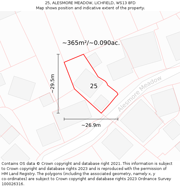 25, ALESMORE MEADOW, LICHFIELD, WS13 8FD: Plot and title map