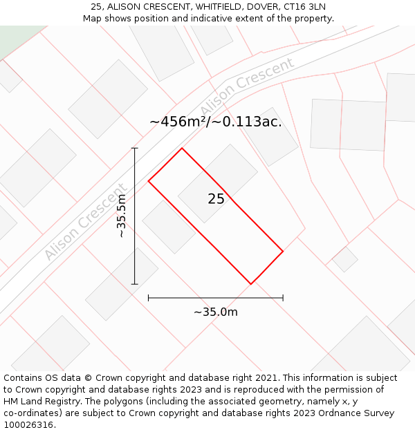 25, ALISON CRESCENT, WHITFIELD, DOVER, CT16 3LN: Plot and title map