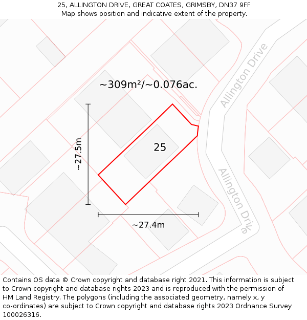 25, ALLINGTON DRIVE, GREAT COATES, GRIMSBY, DN37 9FF: Plot and title map