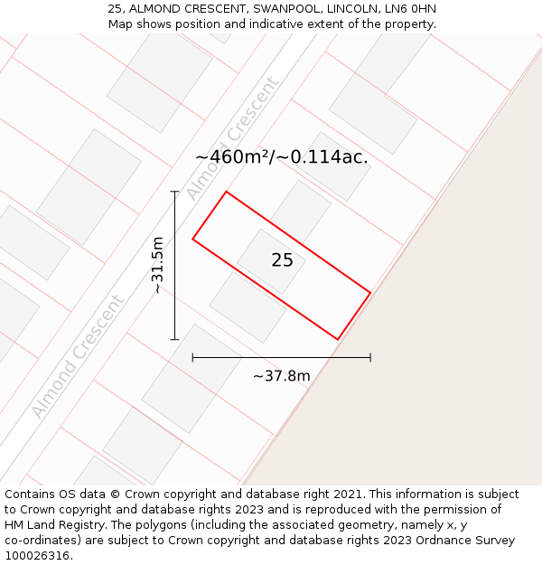 25, ALMOND CRESCENT, SWANPOOL, LINCOLN, LN6 0HN: Plot and title map