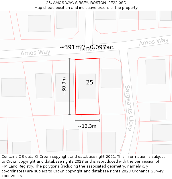 25, AMOS WAY, SIBSEY, BOSTON, PE22 0SD: Plot and title map