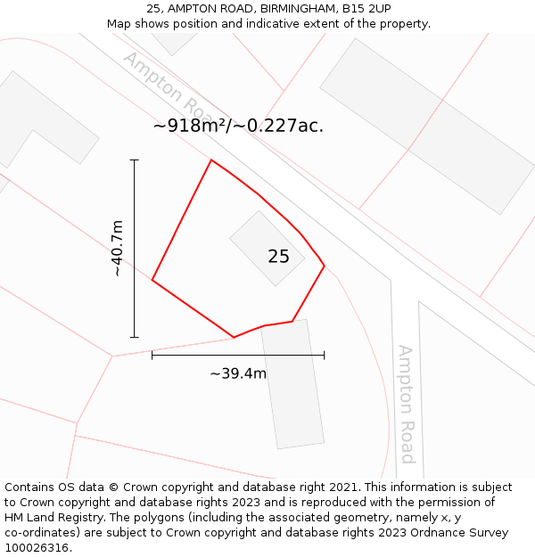 25, AMPTON ROAD, BIRMINGHAM, B15 2UP: Plot and title map