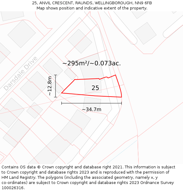 25, ANVIL CRESCENT, RAUNDS, WELLINGBOROUGH, NN9 6FB: Plot and title map