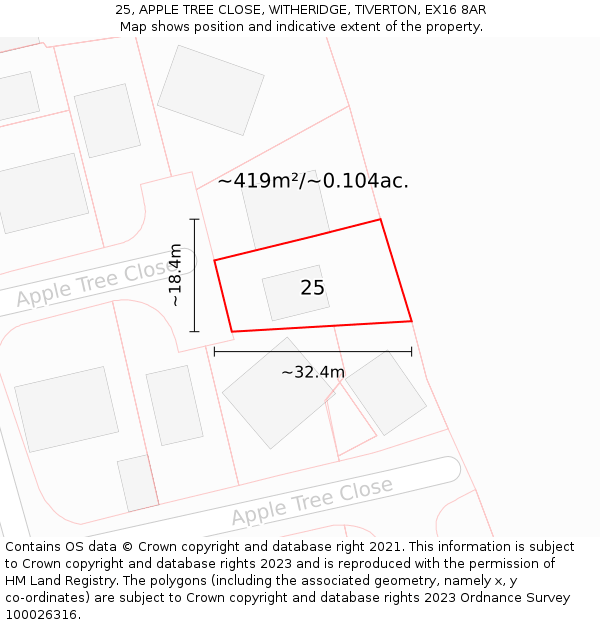 25, APPLE TREE CLOSE, WITHERIDGE, TIVERTON, EX16 8AR: Plot and title map